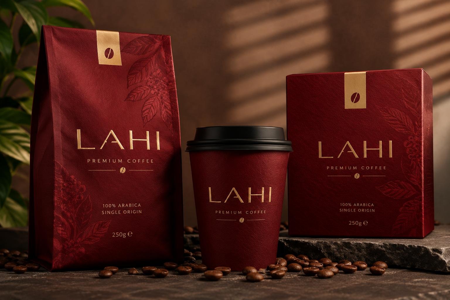 Pungă, pahar și cutie rigidă LAHI în roșu carmin cu wordmark auriu, alături de boabe de cafea.
