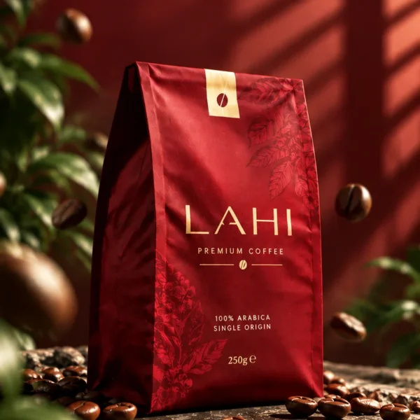 Punga roșie de cafea LAHI Premium Coffee, 250 g, pe o piatră, printre boabe de cafea