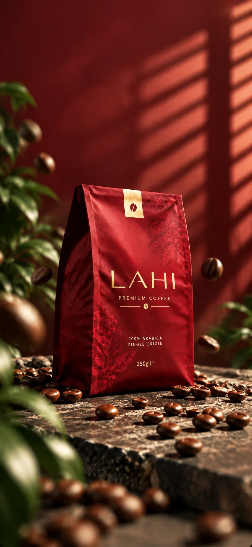 Punga roșie de cafea LAHI Premium Coffee, 250 g, pe o piatră, printre boabe de cafea